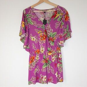 NWT Rachel Zoe Tropical Floral Purple Ruffle Faux Wrap Blouse Top Size 3X